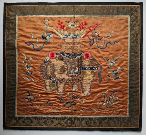 Chinese Orange Silk Ground Elephant Panel "Taiping Youxiang" Late Qing