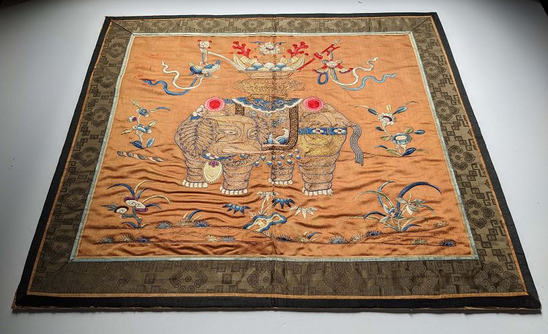 Chinese Orange Silk Ground Elephant Panel &quot;Taiping Youxiang&quot; Late Qing