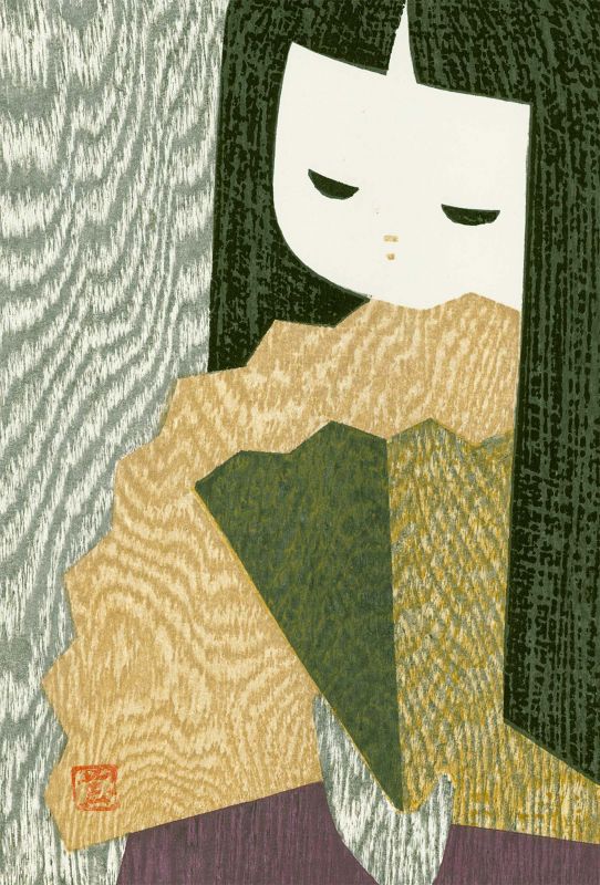 Kaoru Kawano Japanese Woodblock Print - Girl with Fan