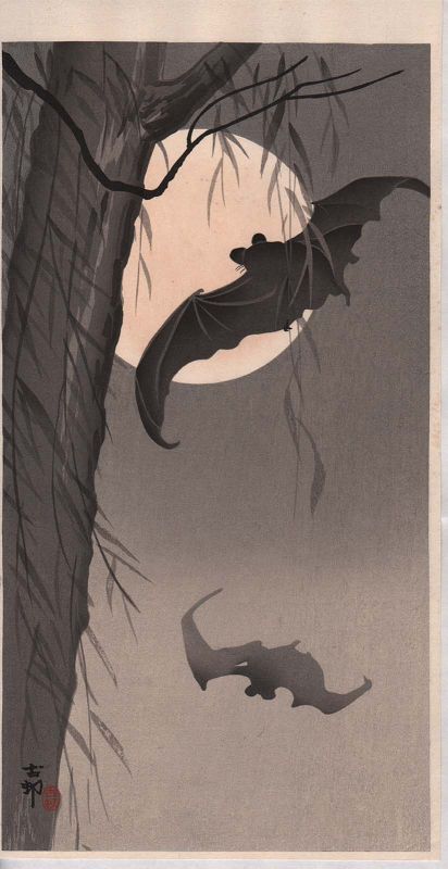 Ohara Koson Japanese Woodblock Print - Bats Against Full Moon