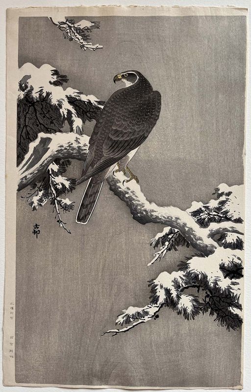 Ohara Koson Japanese Woodblock Print - Goshawk on Snow Covered Pine