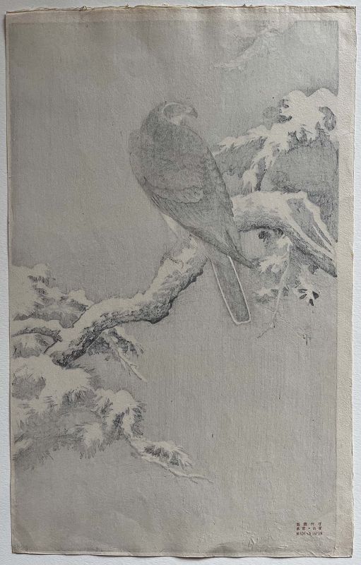 Ohara Koson Japanese Woodblock Print - Goshawk on Snow Covered Pine