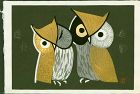 Kaoru Kawano Japanese Woodblock Print - Three Eyes (Two Owls)