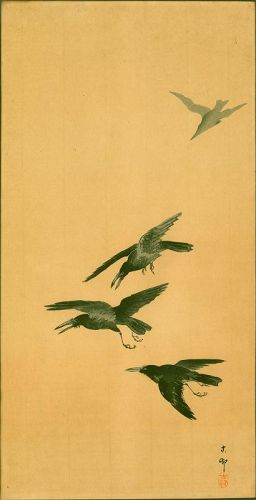 Ohara Koson Japanese Woodblock Print - Four Crows in Flight 1910 SOLD