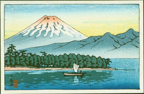 Hasui Kawase Japanese Woodblock Print- Cape Ose- Mt Fuji Sailboat