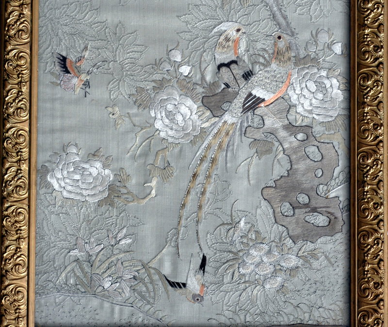 Chinese  Silk Panel with Embroidered Birds and Flowers