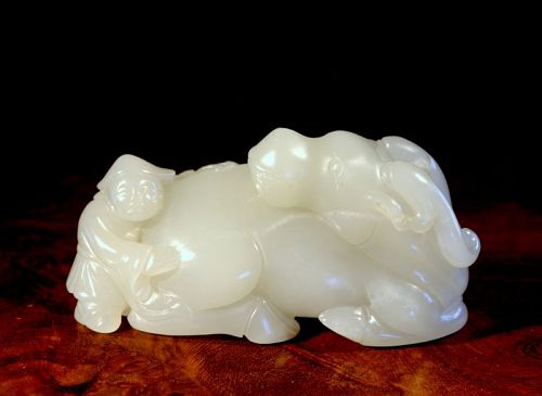 Chinese Jade Carving of a Fairy Deer and a Boy, Late Qing