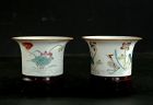 A Pair of Famille Rose Cups with Wood Stands, Qing Dynasty