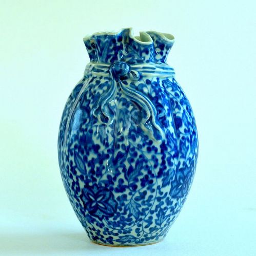 A Very Rare Chinese Blue and White Pouch-shaped Vase, 18th Century