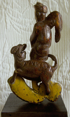 Antique Chinese wood lacquer carving man and dog 1