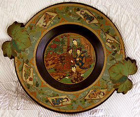 Ornate Japanese lacquer Chinoiserie wooden plate