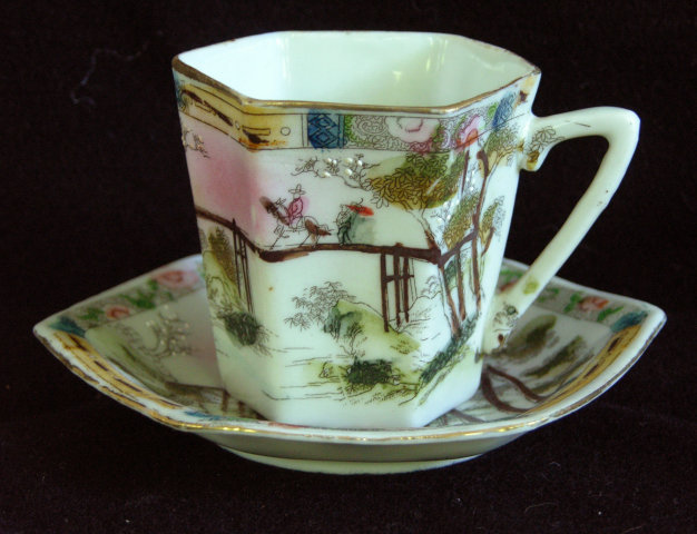 Set of 3 matching porcelain hand painted cups saucers