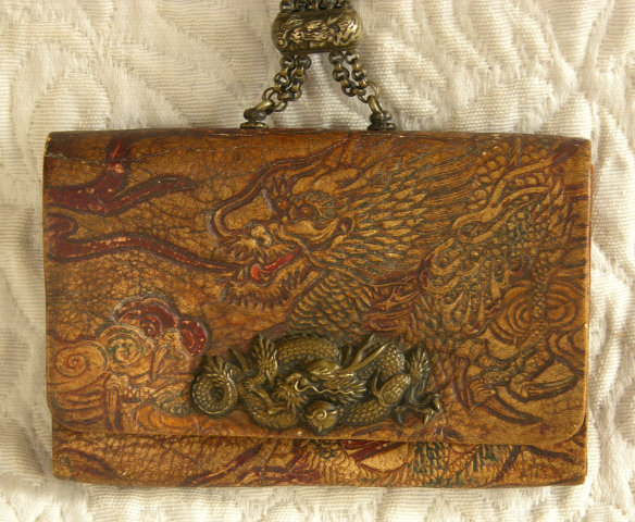 Antique Japanese leather tobacco pouch with netsuki