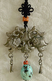 Antique Chinese silver toggle with turquoise bead