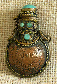 Mini Mongolian Copper snuff bottle with turquoise