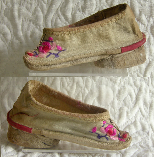 Pair of Antique Chinese embroidered canvas Lotus Shoes