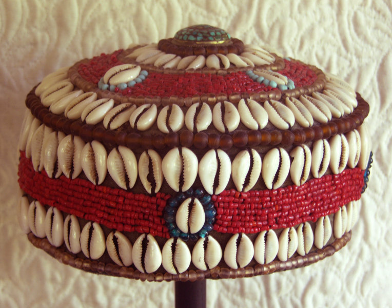 tibetan hat with cowrie shells, turquoise and beads