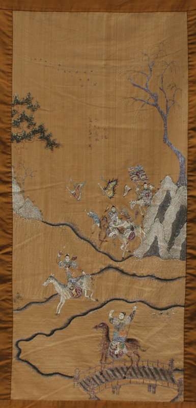 Large antique Chinese embroidered war scene tapestry