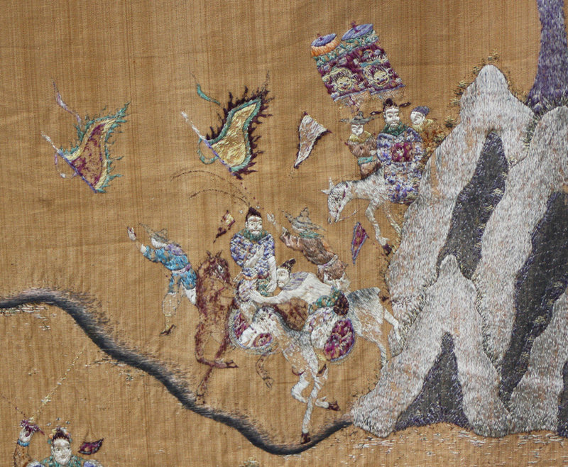 Large antique Chinese embroidered war scene tapestry