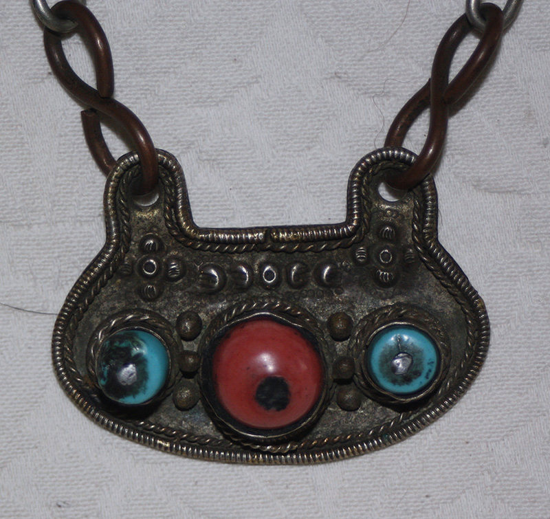 Antique Tibetan Necklace Bronze with coral turquoise