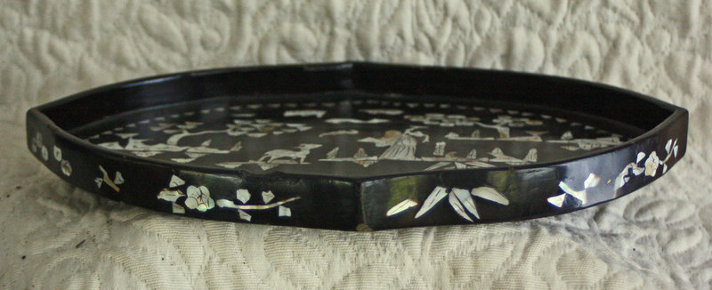 Antique Chinese lacquer tea tray with mother of pearl