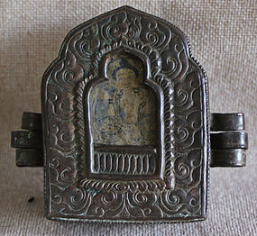 Antique Tibetan Copper Gau with 2 monk amulets