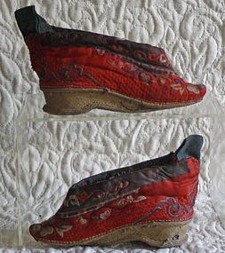 Antique Chinese  pair of red quilted lotus shoes