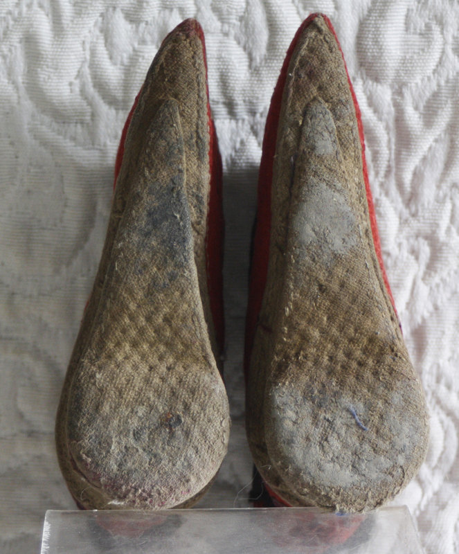 Antique Chinese  pair of red quilted lotus shoes