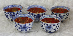 Meiji period Japanese set of 5 porcelain sake  cups
