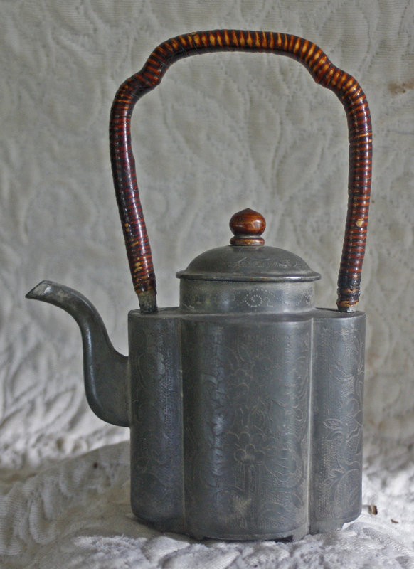 antique Chinese etched pewter teapot bamboo handle
