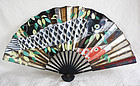 signed Japanese Paper fan with Painted lacquer mons on ends