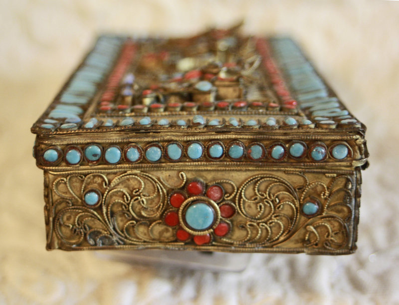Nepal metal box with Intricate filigree  and stone work  box