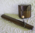 Antique Japanese wooden pipe case and wooden tobacco sagemono