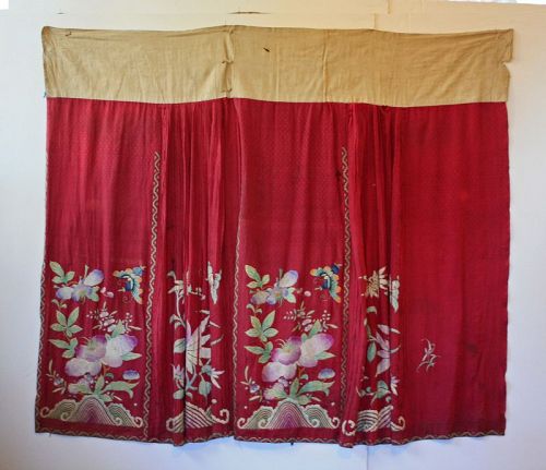 Antique Chinese Qing Dynasty burgundy silk embroidered skirt