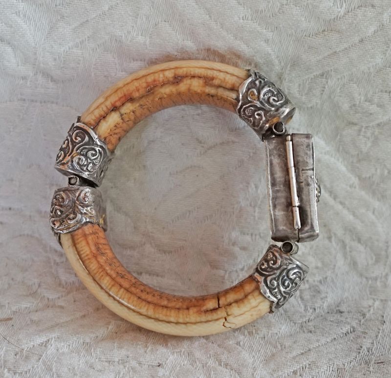Antique Asian camel bone and silver hinged bracelet