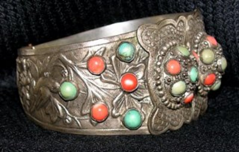 Hinged Chinese Silver Bracelet with coral &amp; turquoise