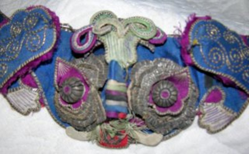 Antique Chinese childrens headband embroidered cat face