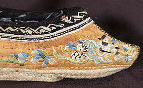 Antique Chinese Golden Silk Embroidered Lotus Shoes