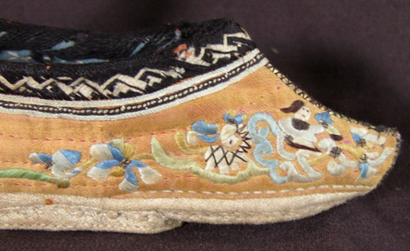 Antique Chinese Golden Silk Embroidered Lotus Shoes