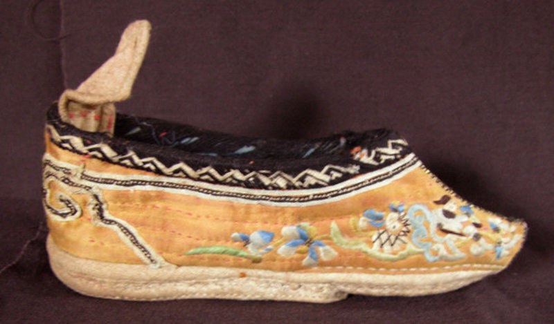 Antique Chinese Golden Silk Embroidered Lotus Shoes