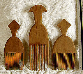 3 African Nigerian Yoruba tribe wood carved hair combs