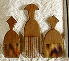 3 African Nigerian Yoruba tribe wood carved hair combs