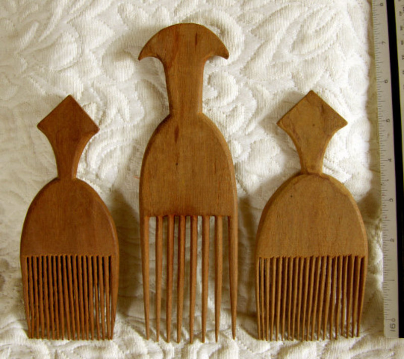 3 African Nigerian Yoruba tribe wood carved hair combs