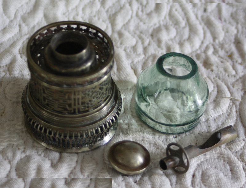Antique Chinese silver Oil Lamp engraved cover