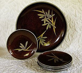 Japanese Nashiji Lacquer set serving bowl w 5 plates