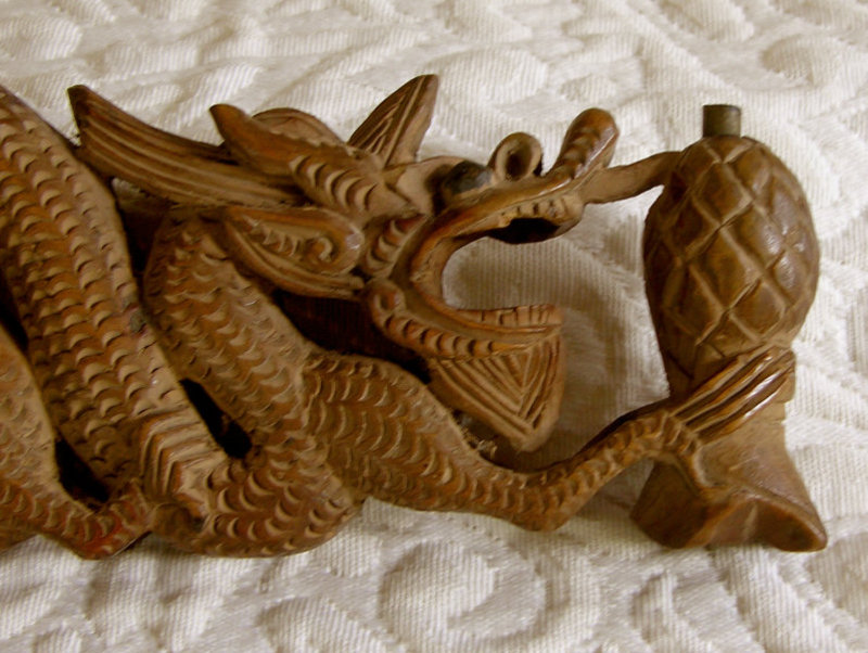 Antique Chinese carved wood dragon Censer signed