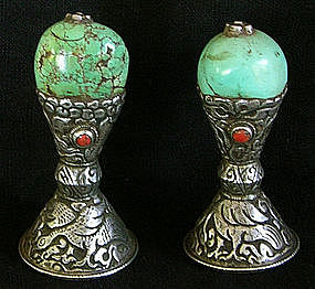 Two Tibetan silver seals with turquoise and coral beads