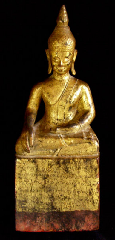 Wooden Burmese Temple Buddha with Khmer Script