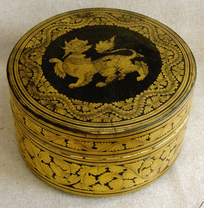 Burmese Betel Nut Box Set with Black and gold lacquer