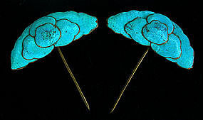 Matched pair of large Lotus Flower Kingfisher ornaments
